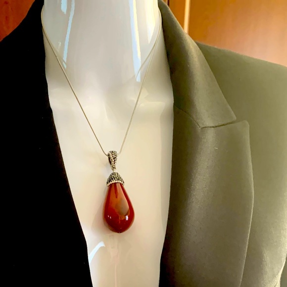 Big Semiprecious stone light brown gem stone pendant necklace rhinestones chain - Picture 10 of 15